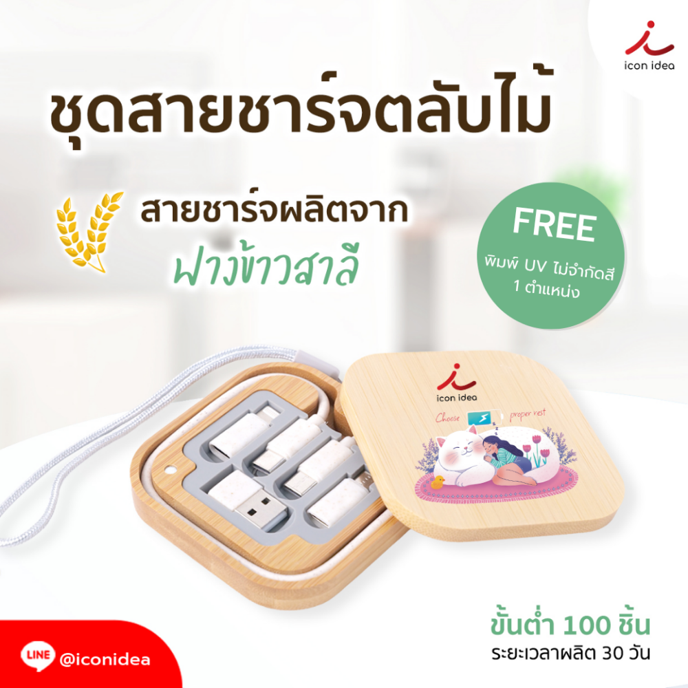 CH01 ชุดสายชาร์จ ECO ตลับไม้ทรงเหลี่ยม น้ำหนักเบา พกพาสะดวก เหมาะเป็นของแจกองค์กร